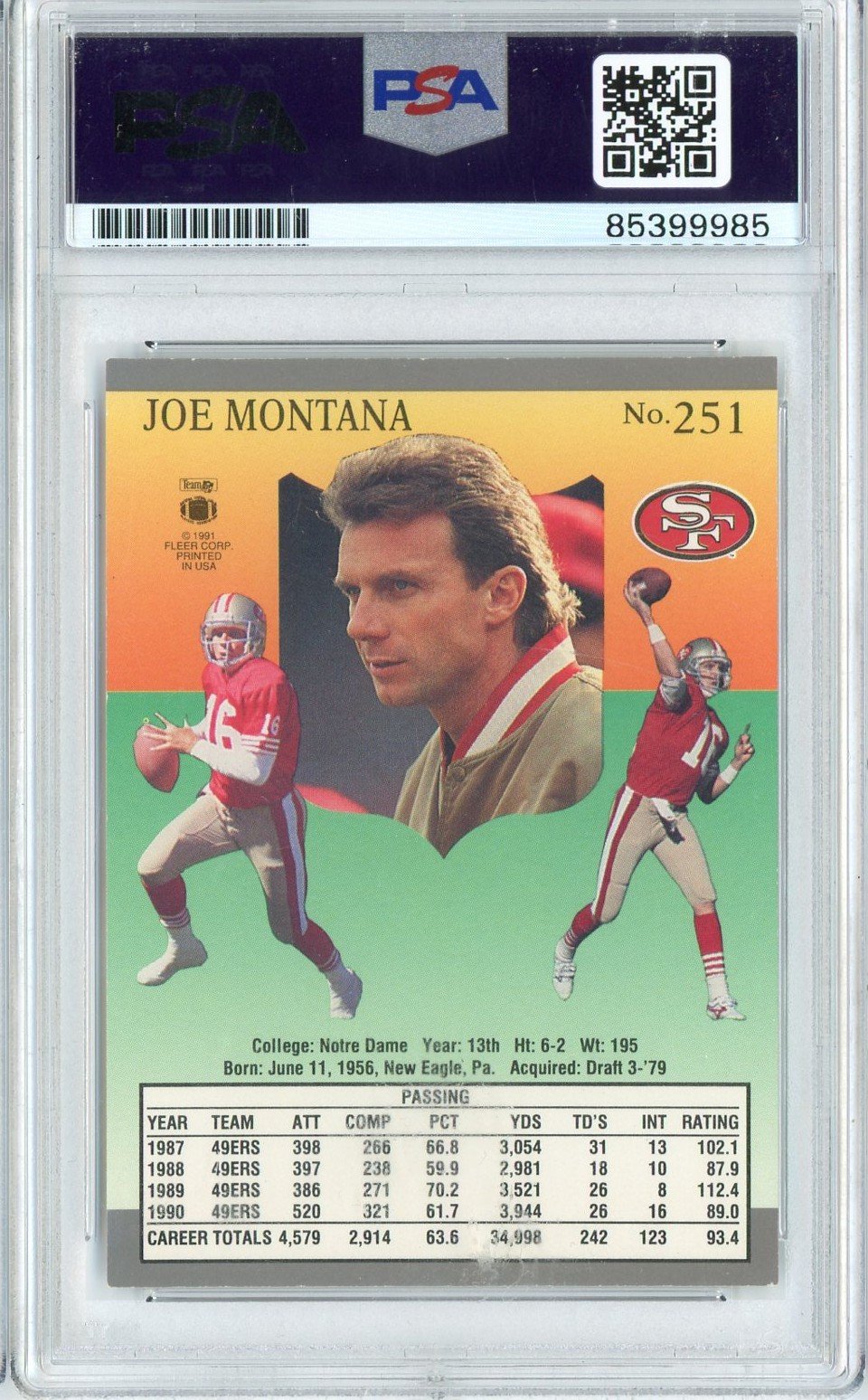 Graded 1991 Fleer Ultra Joe Montana #251 Signed Autographed Football Trading Card PSA/DNA Authentic