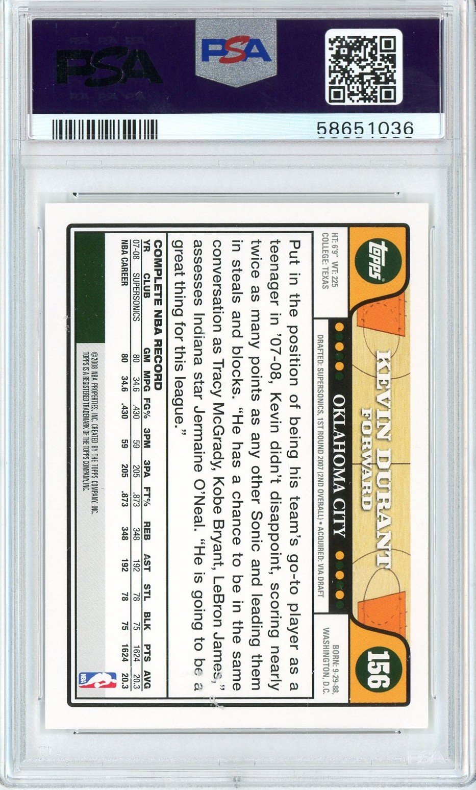 Graded 2008 Topps Kevin Durant #156 Basketball Card PSA 10 Gem Mint