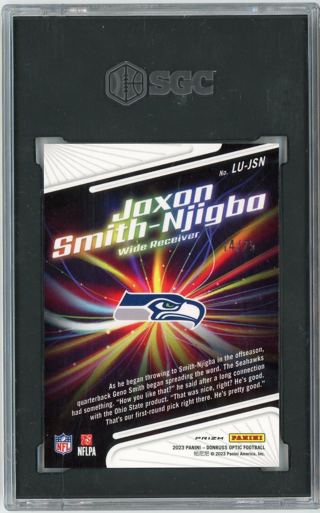 Graded 2023 Panini Donruss Optic Jaxon Smith Njigba #LUJSN Light It Up Purple Stars Prizm /25 Rookie RC Football Card SGC 10 Gem Mint