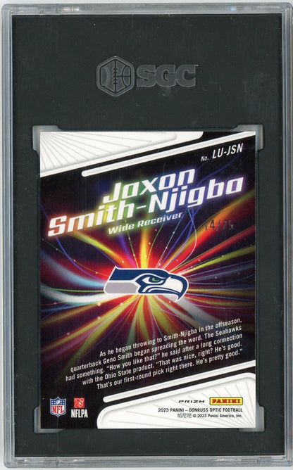 Graded 2023 Panini Donruss Optic Jaxon Smith Njigba #LUJSN Light It Up Purple Stars Prizm /25 Rookie RC Football Card SGC 10 Gem Mint