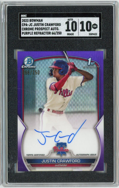 Graded 2023 Bowman Justin Crawford #CPAJC /250 Chrome Prospect Auto Purple Refractor Rookie RC Baseball Card SGC 10 Auto 10