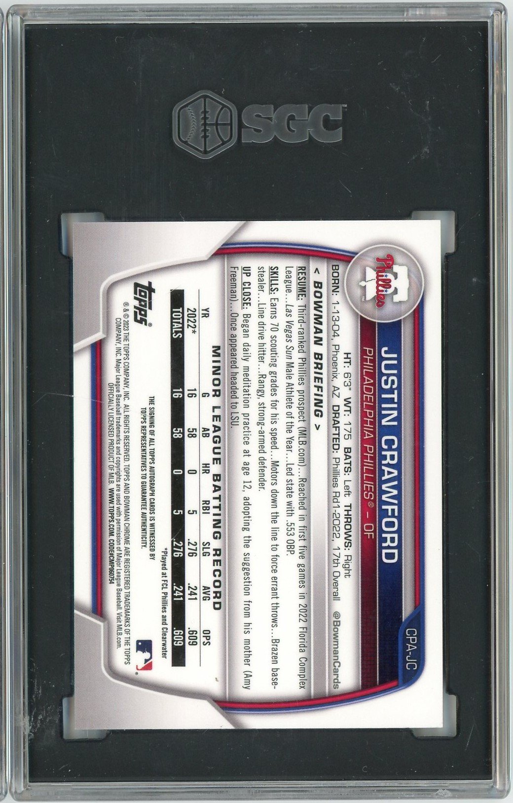 Graded 2023 Bowman Justin Crawford #CPAJC /250 Chrome Prospect Auto Purple Refractor Rookie RC Baseball Card SGC 10 Auto 10