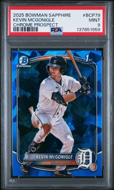 Graded 2025 Bowman Sapphire Kevin McGonigle #BCP79 Chrome Prospect Rookie RC Baseball Card PSA 9 Mint