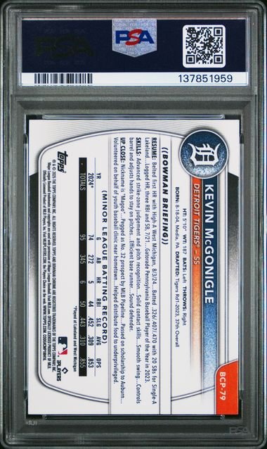 Graded 2025 Bowman Sapphire Kevin McGonigle #BCP79 Chrome Prospect Rookie RC Baseball Card PSA 9 Mint