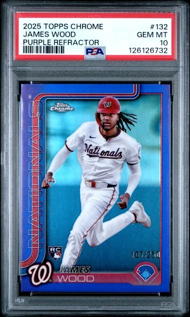 Graded 2025 Topps Chrome James Wood #132 /250 Purple Refractor Rookie RC Baseball Card PSA 10 Gem Mint