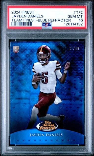 Graded 2024 Topps Finest Jayden Daniels #TF2 Team Finest Blue Refractor /99 Rookie RC Football Card PSA 10 Gem Mint