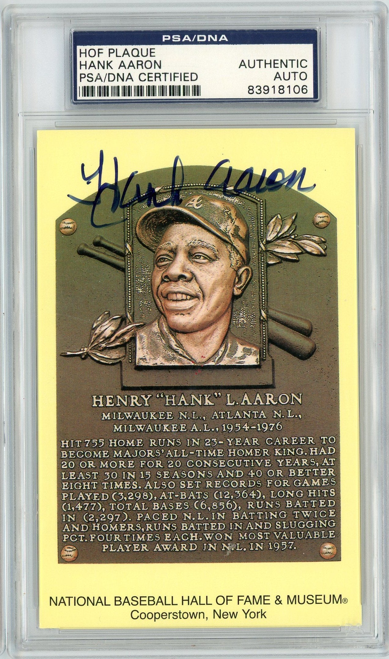 Graded Baseball Hall of Fame Plaque Hank Aaron Signed Autographed Baseball Postcard PSA/DNA Authentic
