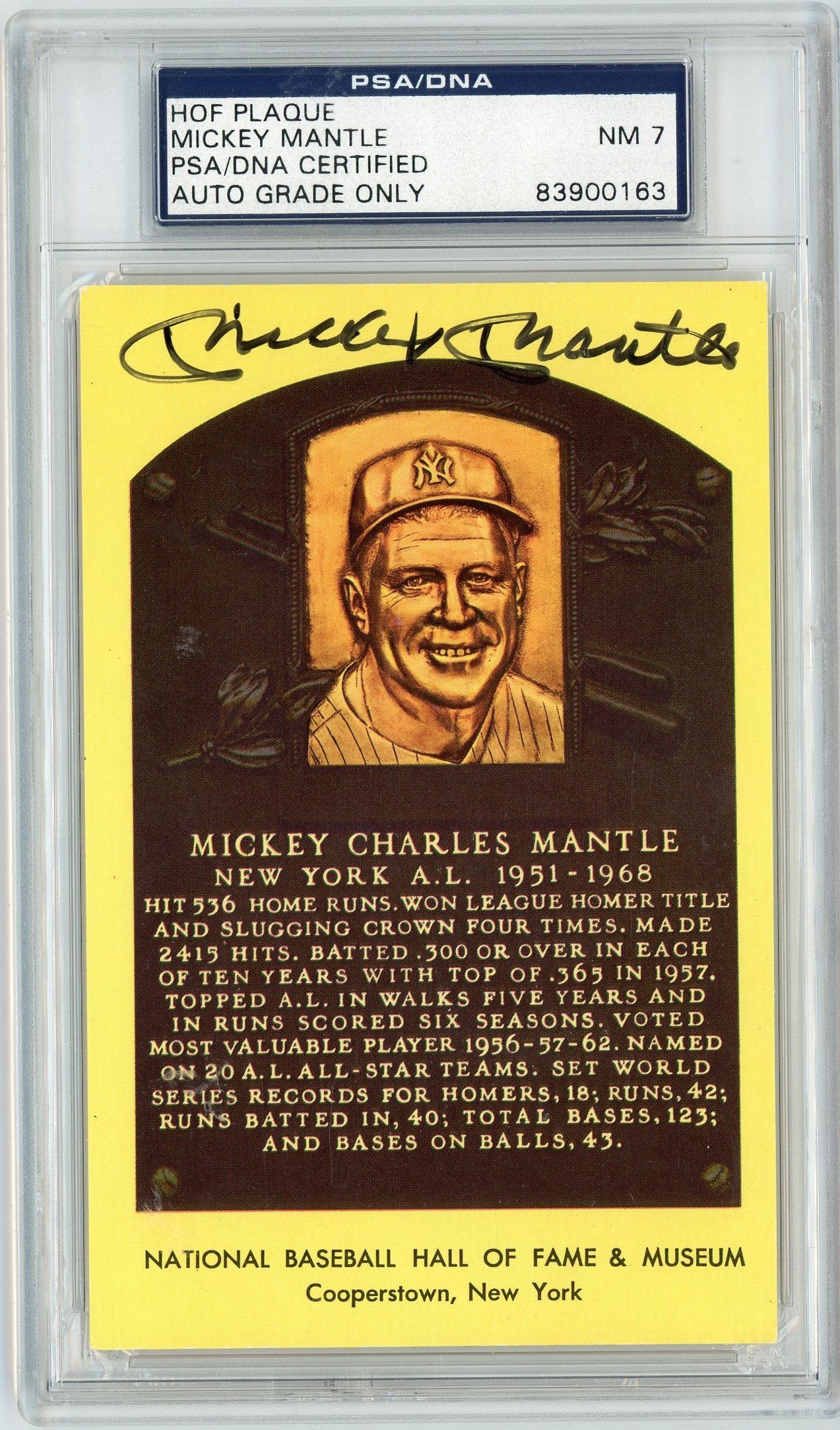 Graded Baseball Hall of Fame Plaque Mickey Mantle Signed Autographed Baseball Postcard PSA/DNA 7 Near Mint