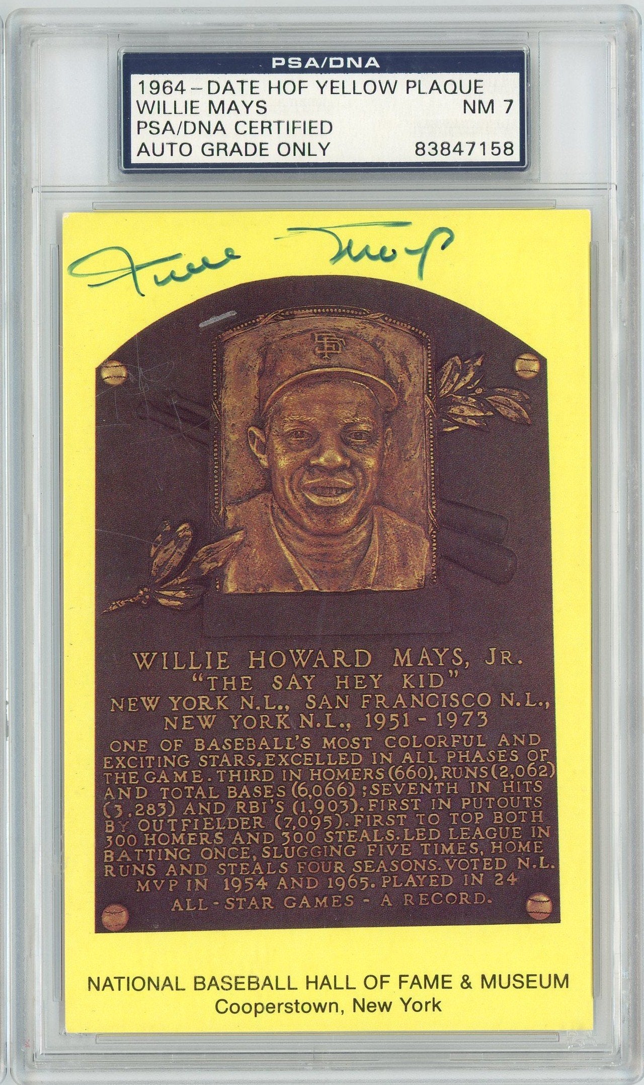 Graded Baseball Hall of Fame Plaque Willie Mays Signed Autographed Baseball Postcard PSA 7 Near Mint