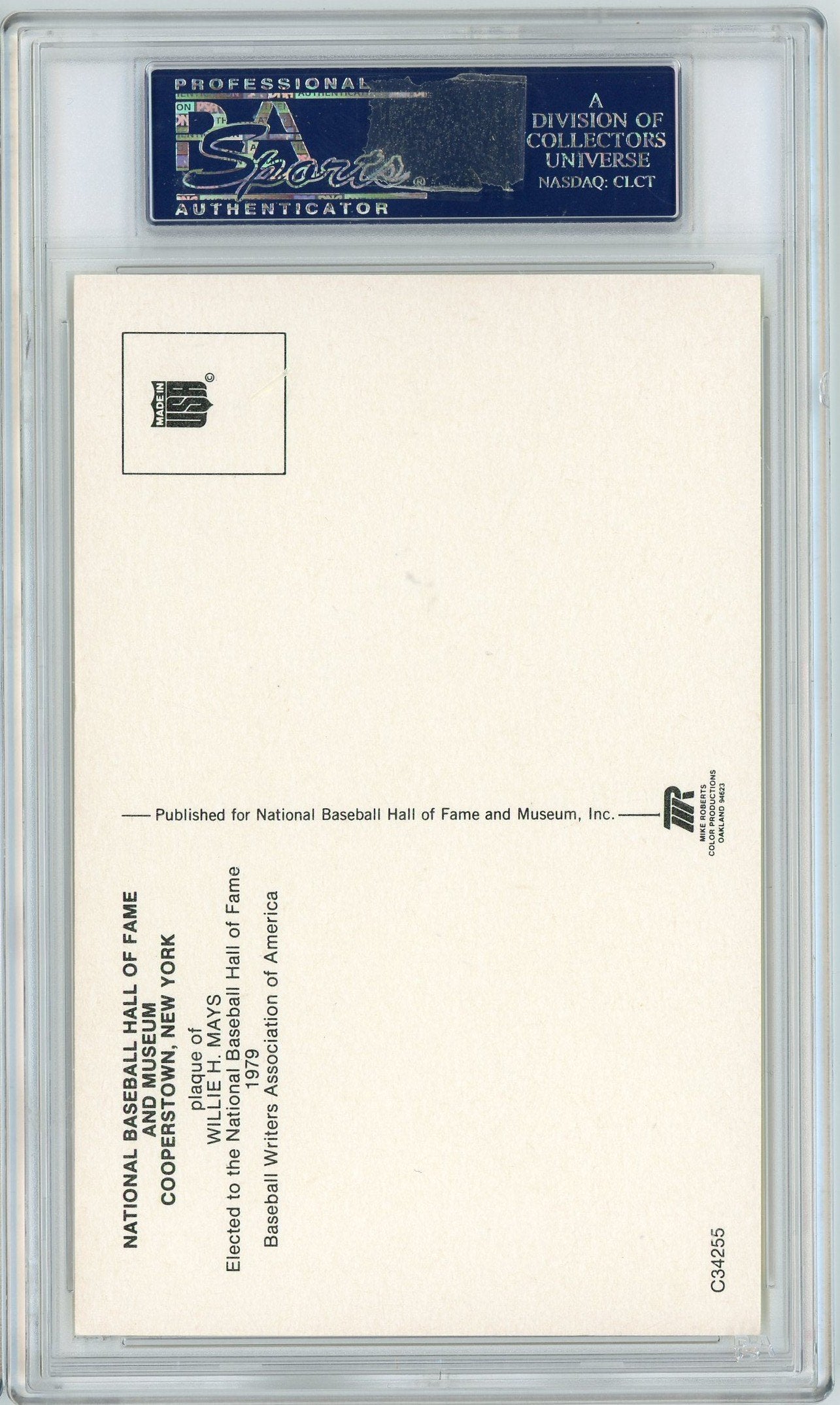 Graded Baseball Hall of Fame Plaque Willie Mays Signed Autographed Baseball Postcard PSA 7 Near Mint
