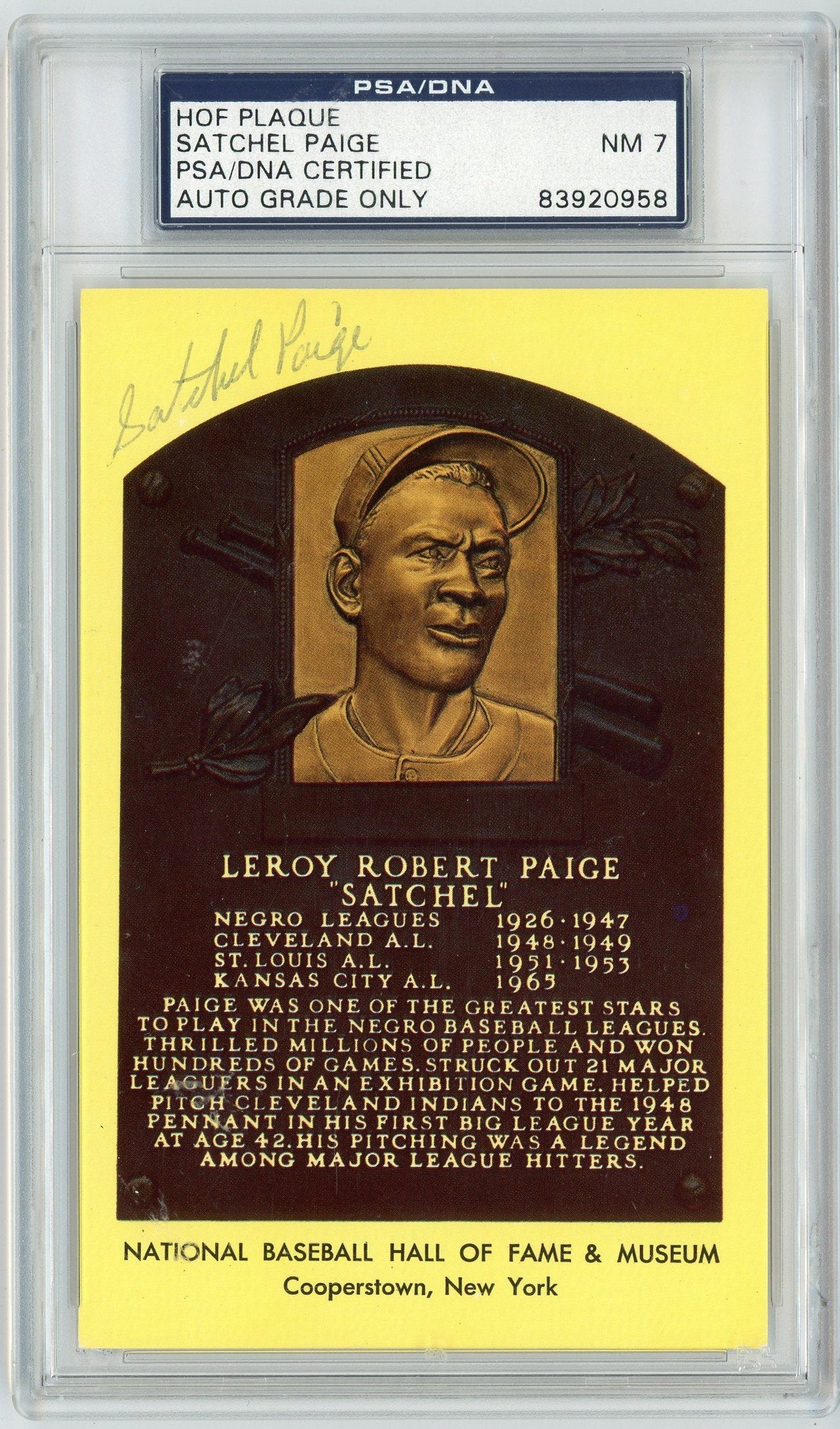 Graded Baseball Hall of Fame Plaque Satchel Paige Signed Autographed Baseball Postcard PSA/DNA 7 Near Mint