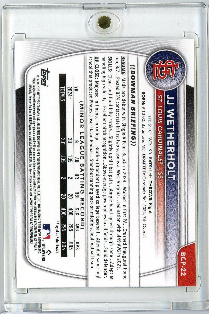 2025 Bowman Chrome JJ Wetherholt #BCP22 /75 Mega Box Yellow Refractor Rookie RC Baseball Card