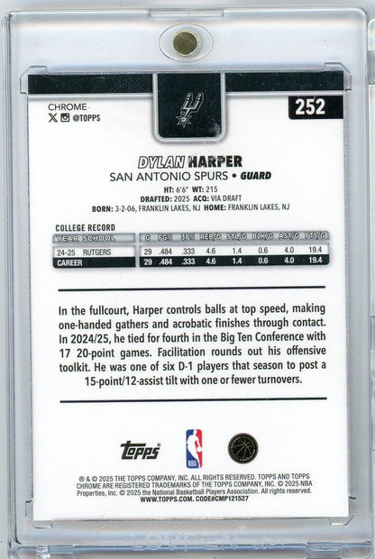  2025 Topps Chrome Dylan Harper #252 /75 Purple Wave Refractor Rookie RC Basketball Card 