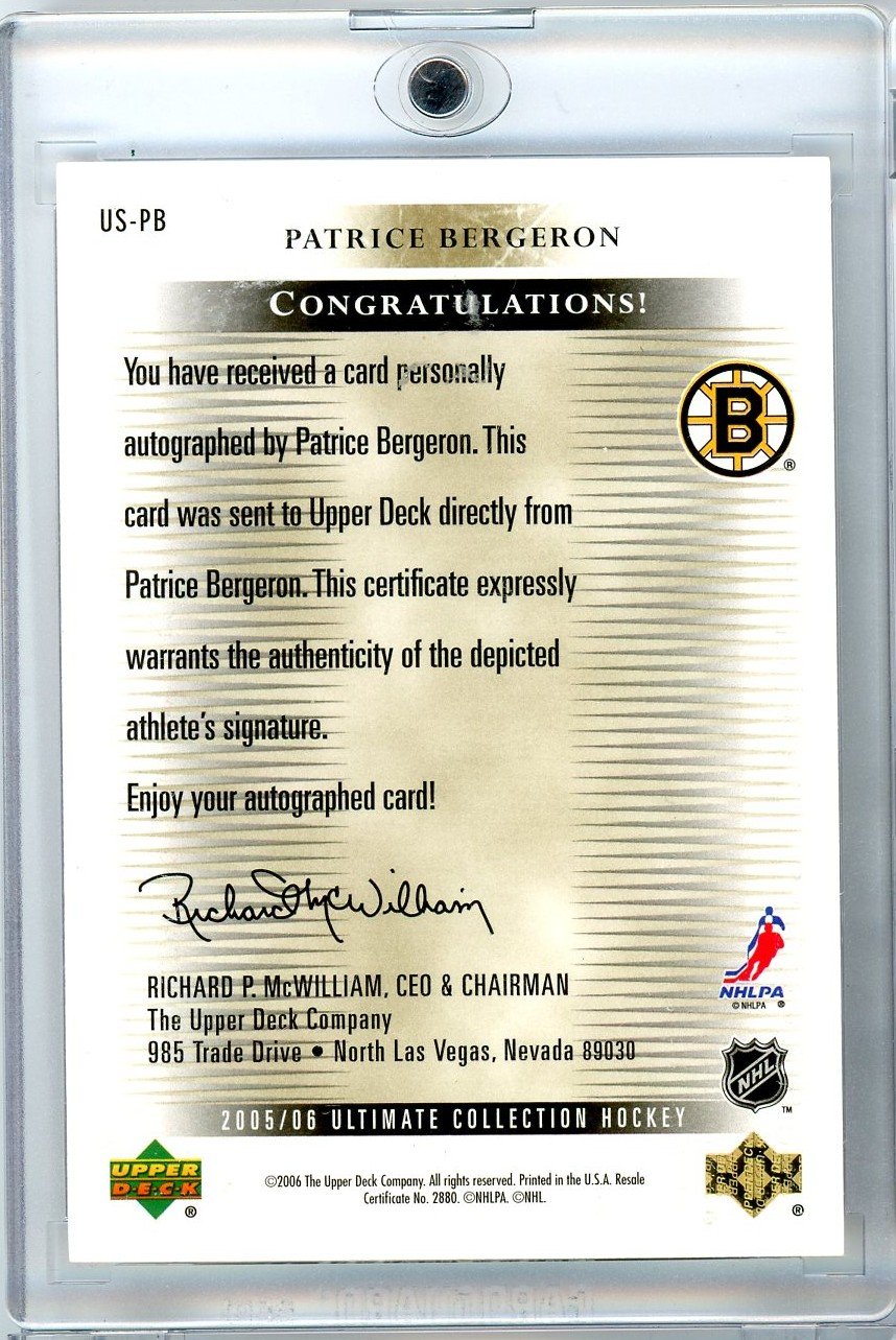 2005 Upper Deck Ultimate Collection Patrice Bergeron #USPB Ultimate Signatures Auto Hockey Card 