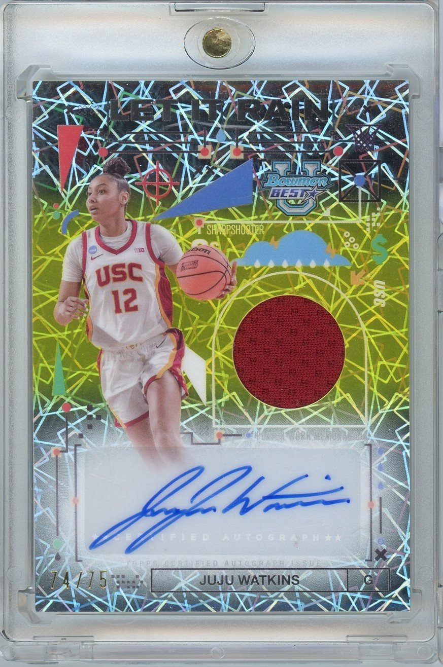  2024 Bowman U Best JuJu Watkins #LRRAJW /75 Let It Rain Relic Autograph Cracked Ice Rookie RC Basketball Card 