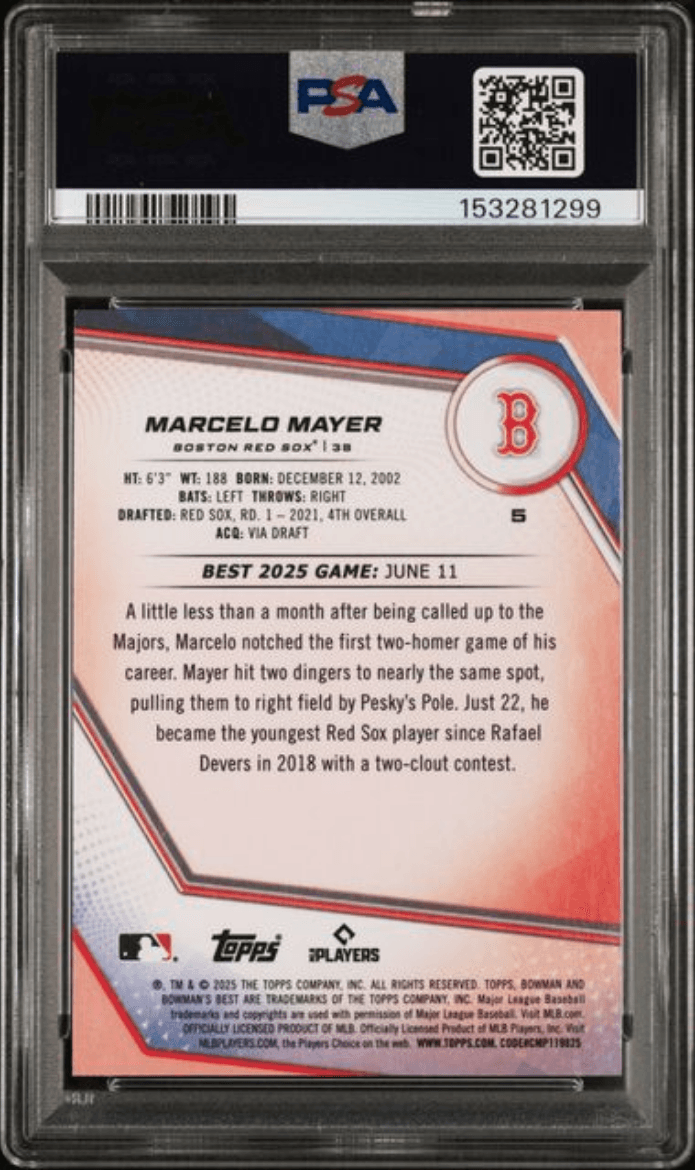 Graded 2025 Topps Bowmans Best Marcelo Mayer #5 Blue Refractor /150 Rookie RC Baseball Card PSA 10 Gem Mint