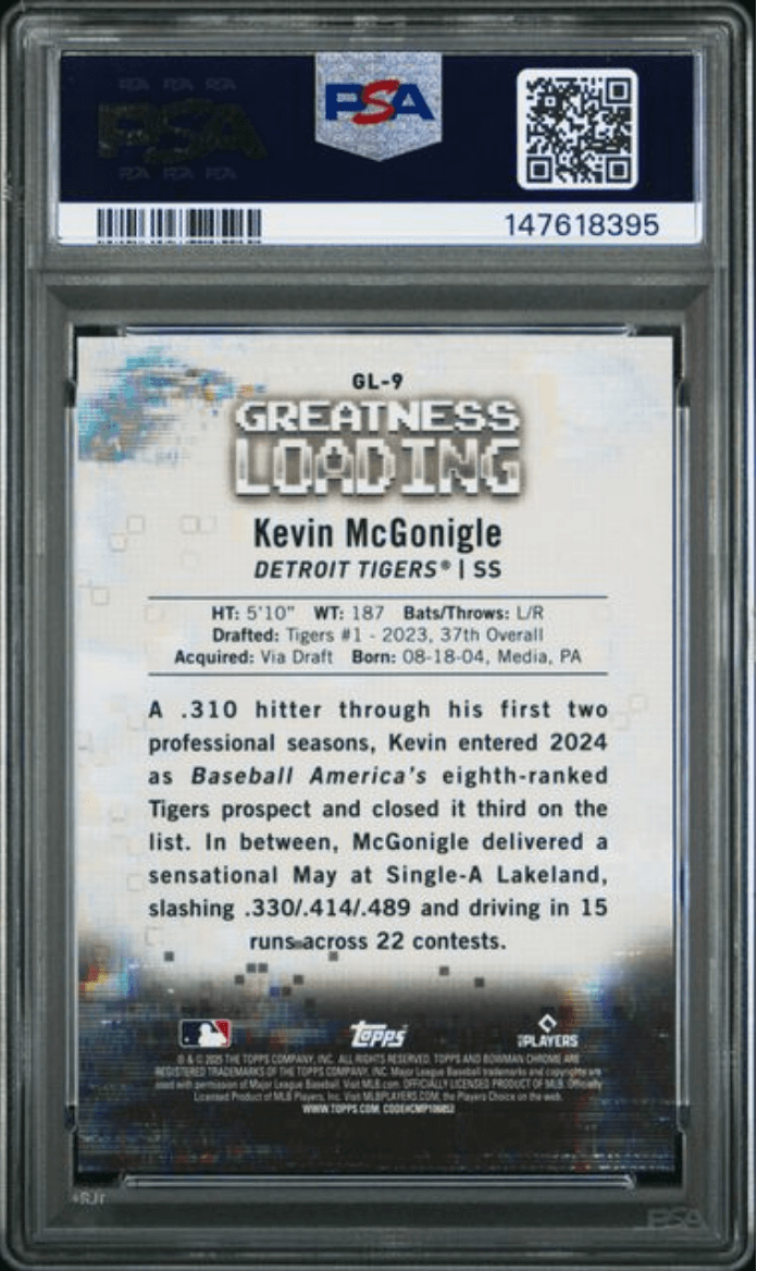 Graded 2025 Topps Bowman Kevin McGonigle #GL9 Greatness Loading Orange Refractor /25 Rookie RC Baseball Card PSA 10 Gem Mint