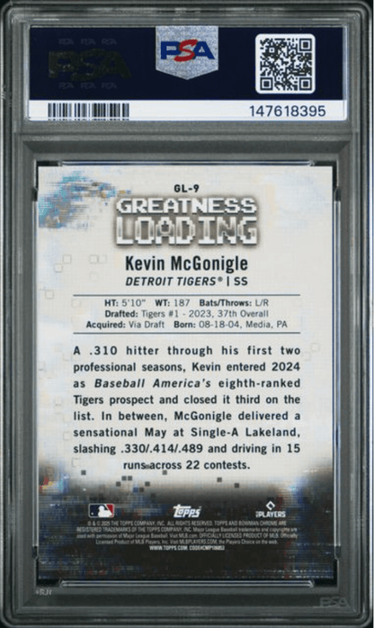 Graded 2025 Topps Bowman Kevin McGonigle #GL9 Greatness Loading Orange Refractor /25 Rookie RC Baseball Card PSA 10 Gem Mint