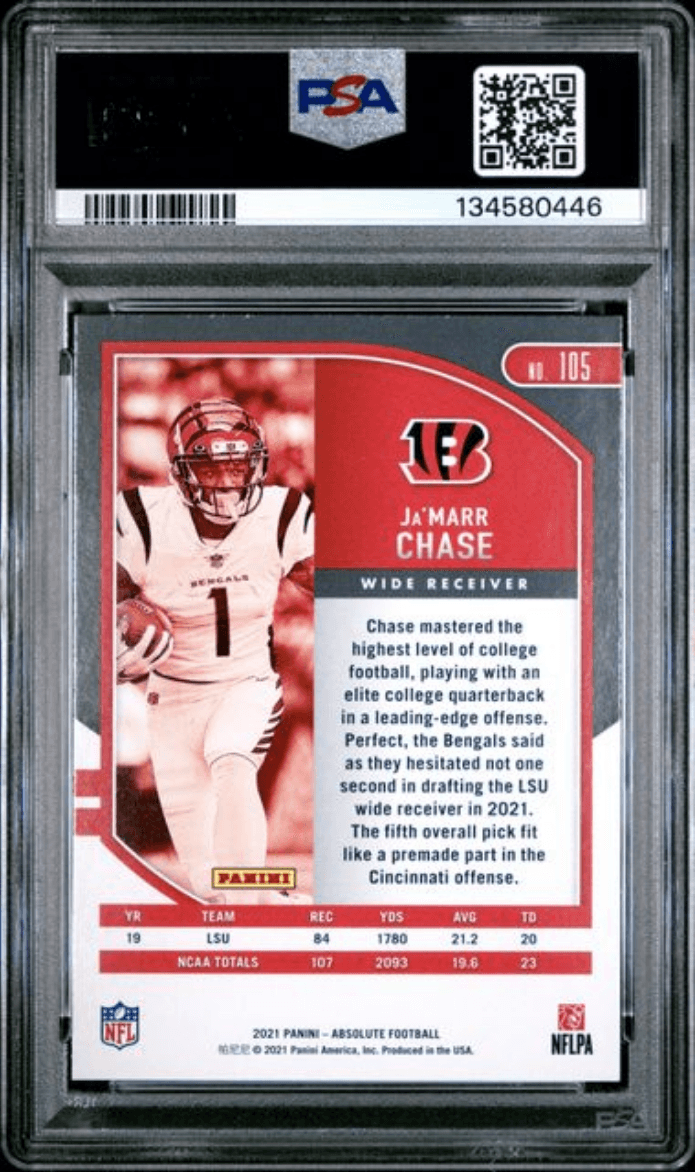 Graded 2021 Panini Absolute Ja'Marr Chase #105 Rookie RC Football Card PSA 10 Gem Mint