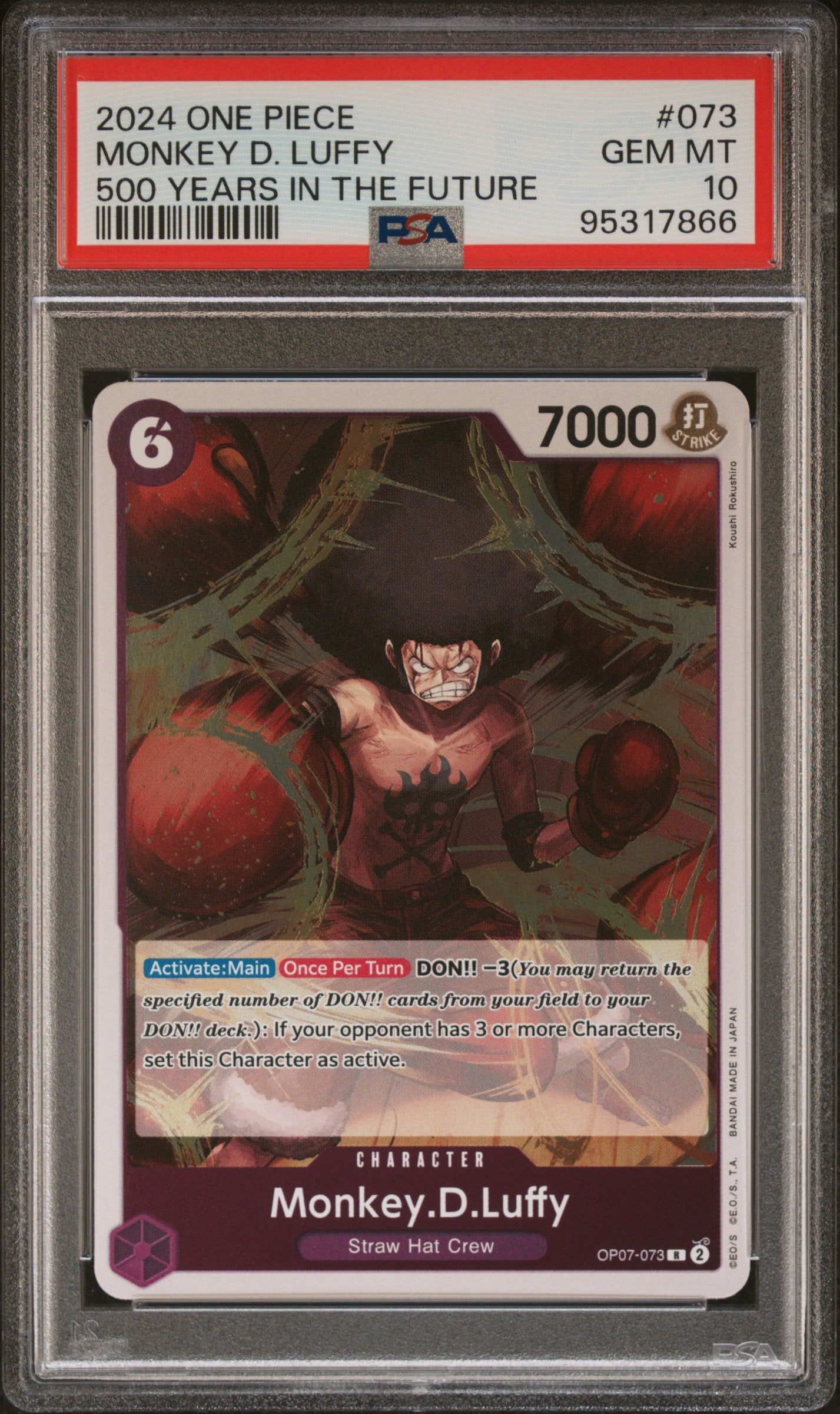 Graded 2024 One Piece Monkey D Luffy #073 OP07 Trading Card Game PSA 10 Gem Mint