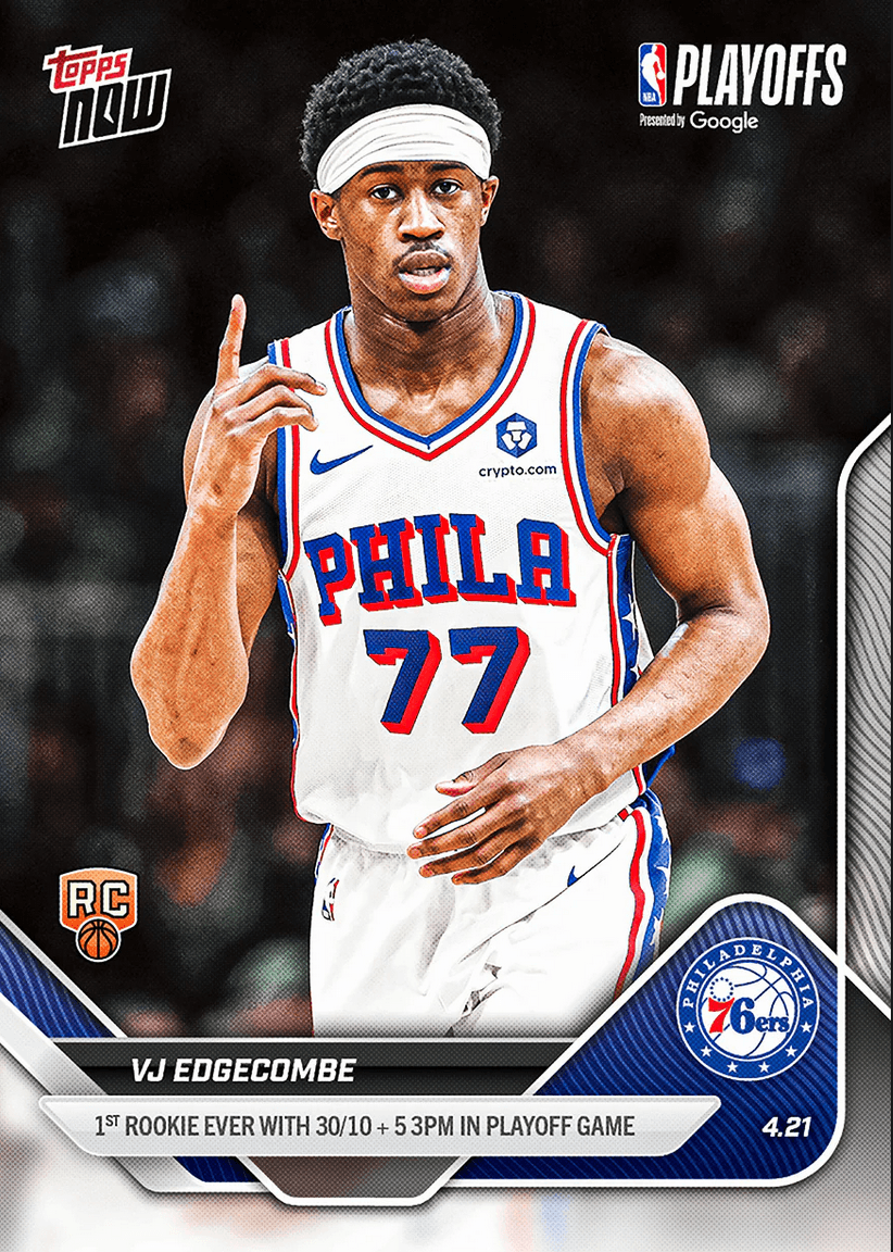 2025 Topps Now VJ Edgecombe #267 1st Rookie Ever with 30/10 + 5 3PM in Playoff Game Philadelphia 76ers Rookie RC Basketball Card