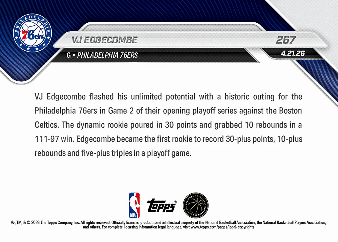 2025 Topps Now VJ Edgecombe #267 1st Rookie Ever with 30/10 + 5 3PM in Playoff Game Philadelphia 76ers Rookie RC Basketball Card