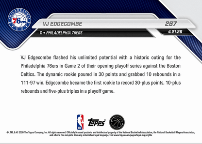 2025 Topps Now VJ Edgecombe #267 1st Rookie Ever with 30/10 + 5 3PM in Playoff Game Philadelphia 76ers Rookie RC Basketball Card