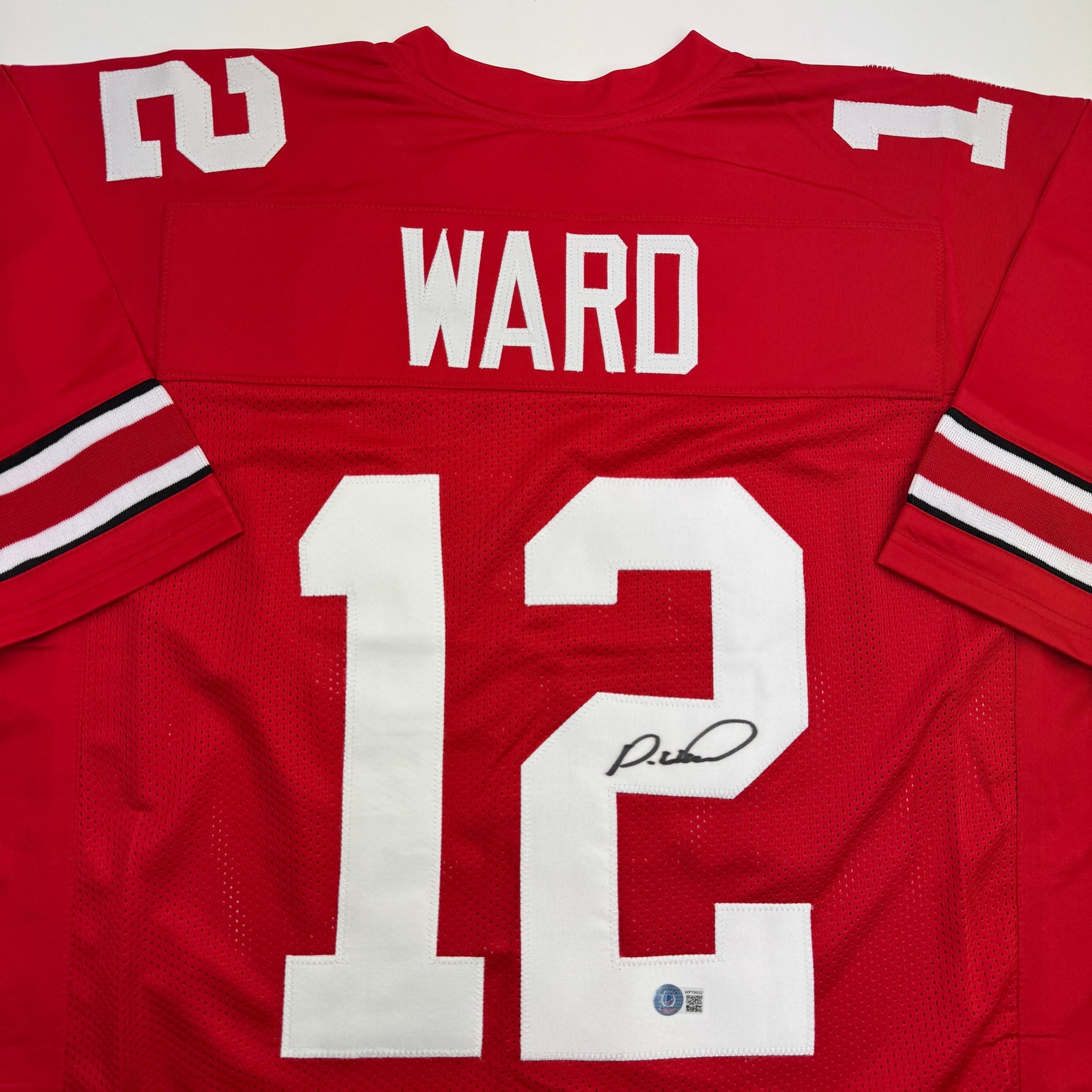 Autographed/Signed Denzel Ward Ohio State Red College Football Jersey Beckett BAS COA