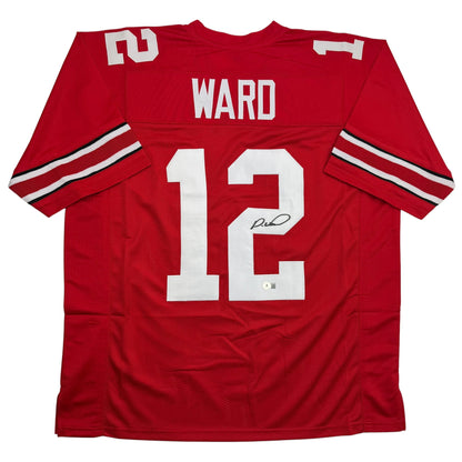 Autographed/Signed Denzel Ward Ohio State Red College Football Jersey Beckett BAS COA