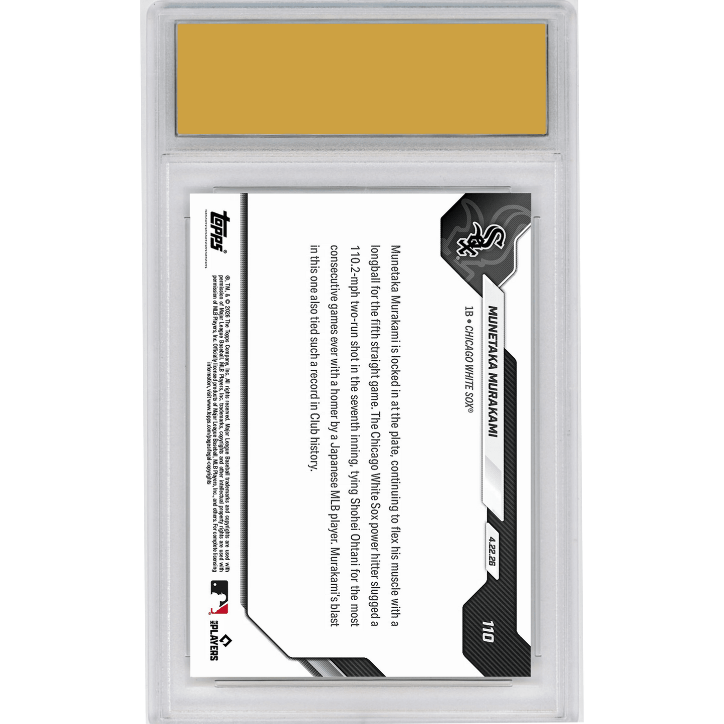 Graded 2026 Topps Now Munetaka Murakami #110 5th Straight Game With Home Run Ties Ohtani's Mark Chicago White Sox Rookie RC Baseball Card HOFSM 10 Gem Mint
