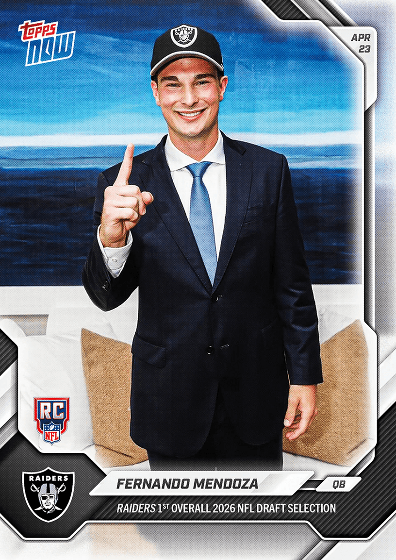 2026 Topps Now Fernando Mendoza #FMEN Raiders 1st Overall 2026 NFL Draft Selection Las Vegas Raiders Rookie RC Football Card
