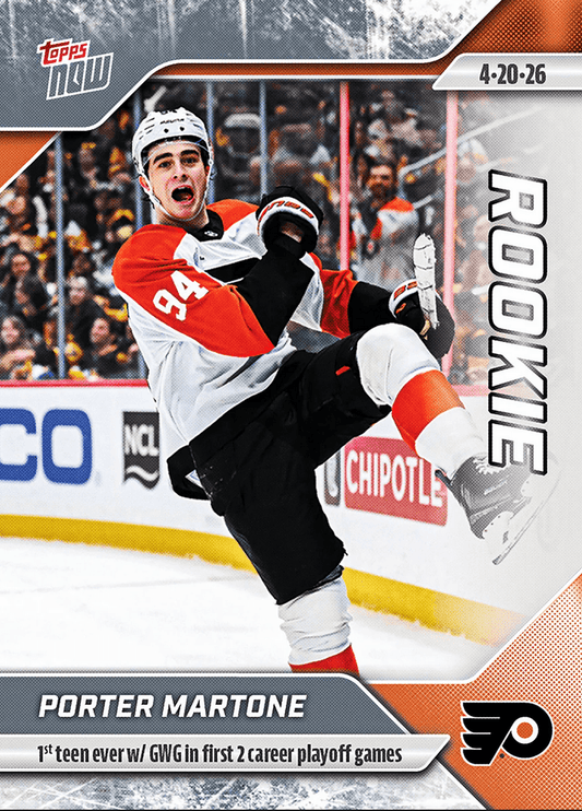 2025 Topps Now Porter Martone #153 1st Teen Ever with GWG in First 2 Career Playoff Games Philadelphia Flyers Rookie RC Hockey Card
