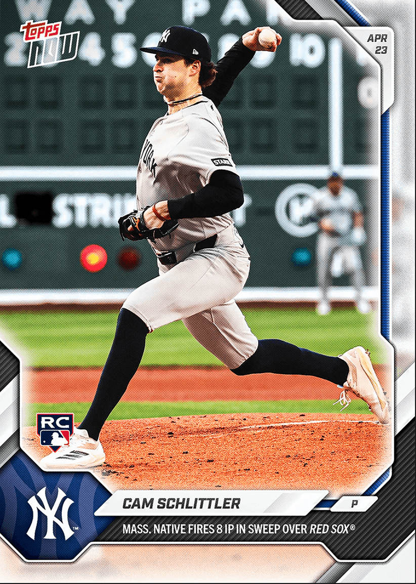 2026 Topps Now Cam Schlittler #114 Mass. Native Fires 8IP in Sweep Over Red Sox New York Yankees Rookie RC Baseball Card