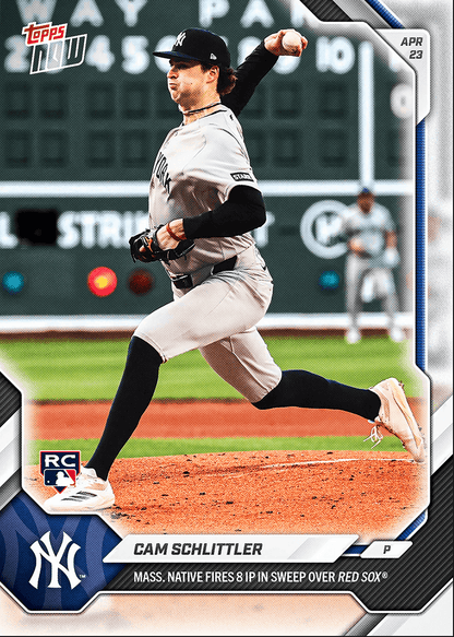 2026 Topps Now Cam Schlittler #114 Mass. Native Fires 8IP in Sweep Over Red Sox New York Yankees Rookie RC Baseball Card
