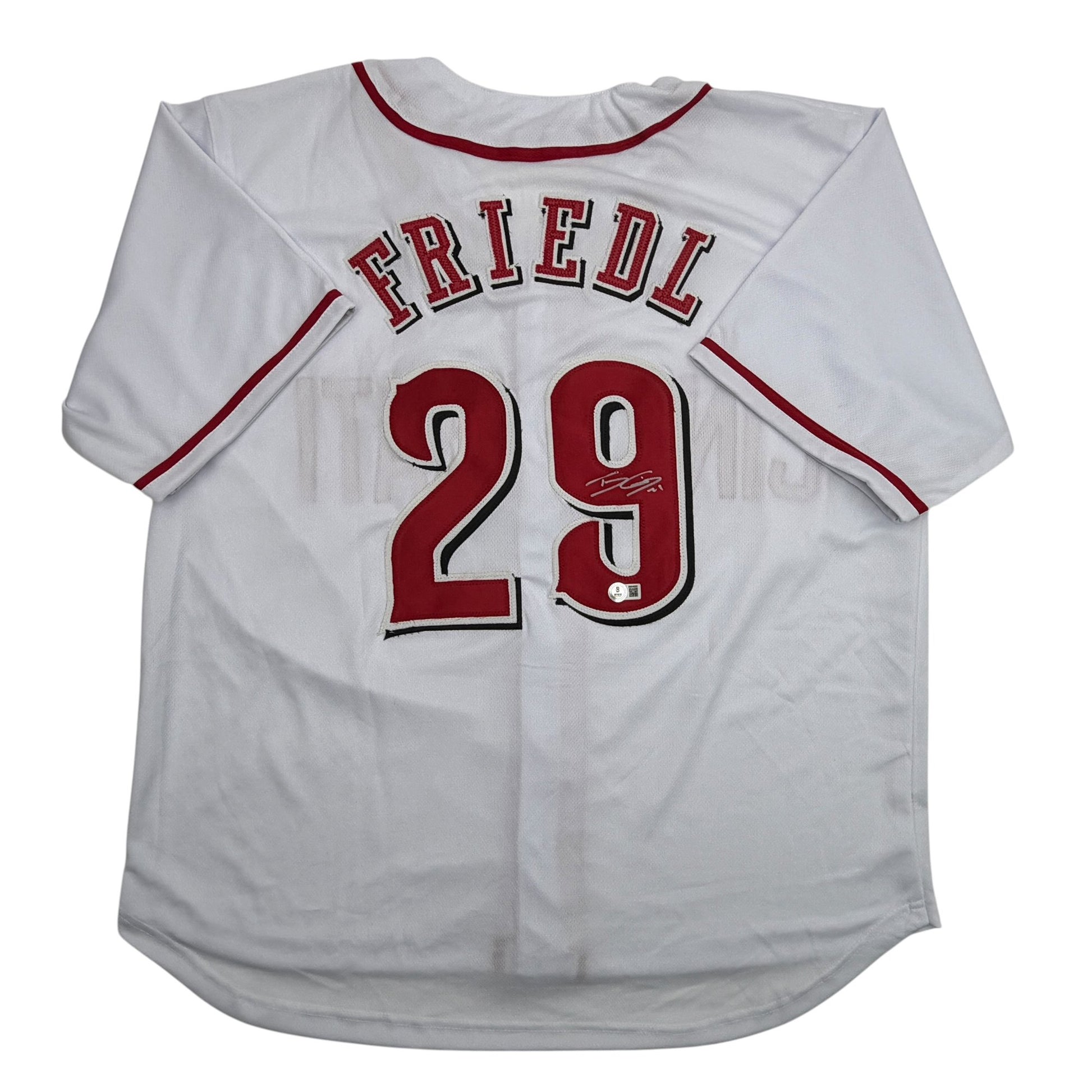 Autographed/Signed TJ Friedl Cincinnati White Baseball Jersey Beckett BAS COA