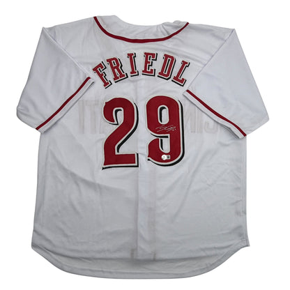 Autographed/Signed TJ Friedl Cincinnati White Baseball Jersey Beckett BAS COA
