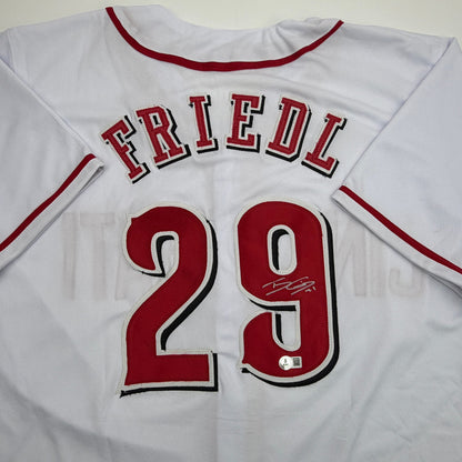 Autographed/Signed TJ Friedl Cincinnati White Baseball Jersey Beckett BAS COA