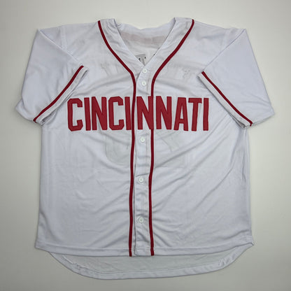 Autographed/Signed TJ Friedl Cincinnati White Baseball Jersey Beckett BAS COA