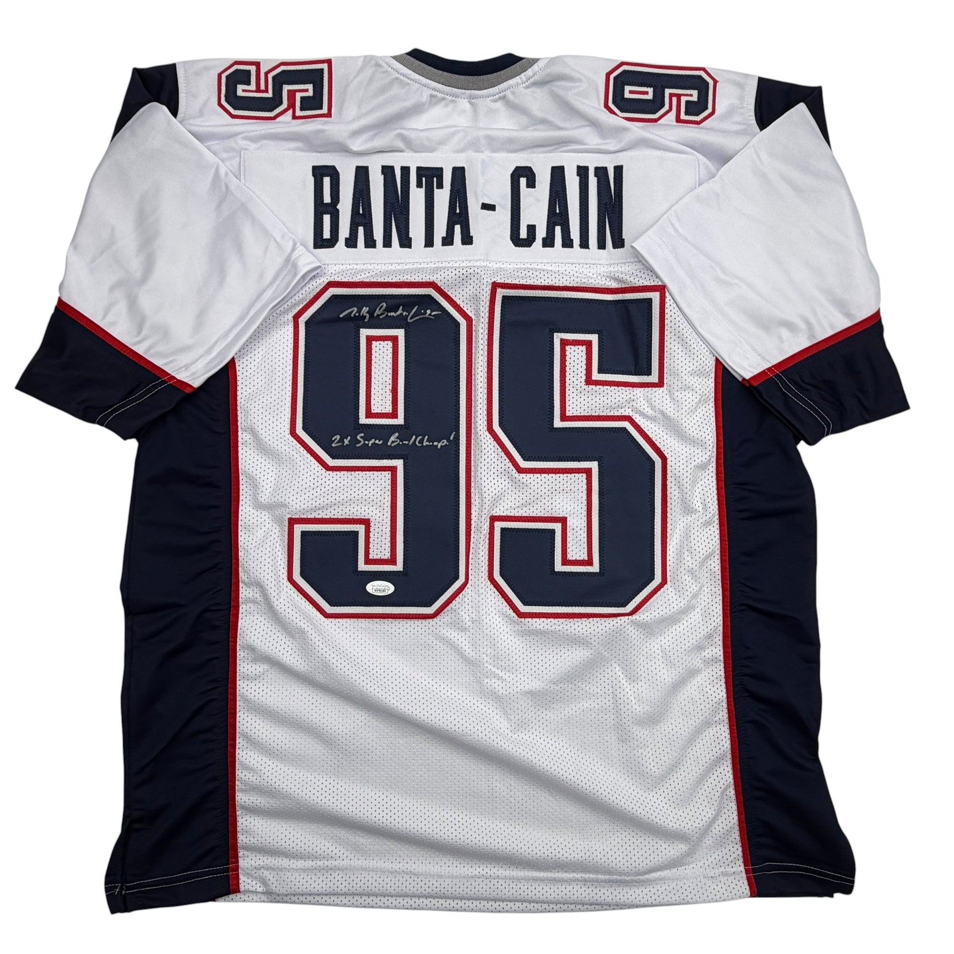 Autographed/Signed Tully Banta-Cain New England White Football Jersey JSA COA