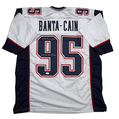 Autographed/Signed Tully Banta-Cain New England White Football Jersey JSA COA
