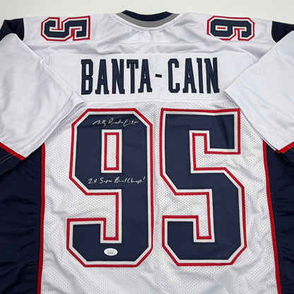 Autographed/Signed Tully Banta-Cain New England White Football Jersey JSA COA
