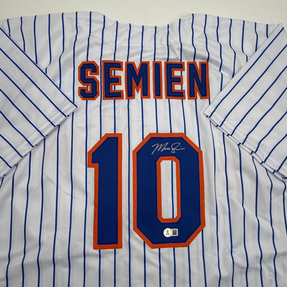Autographed/Signed Marcus Semien New York Pinstripe Baseball Jersey Beckett BAS COA