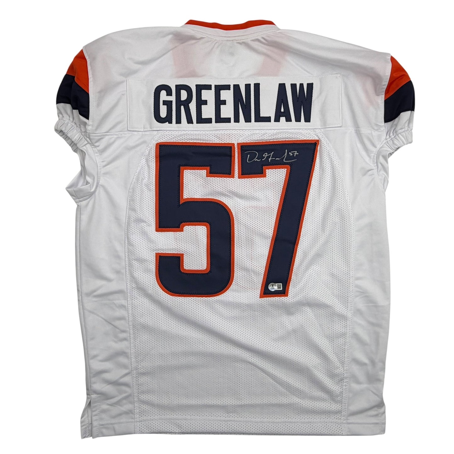 Autographed/Signed Dre Greenlaw Denver White Pro Cut Football Jersey Beckett BAS COA