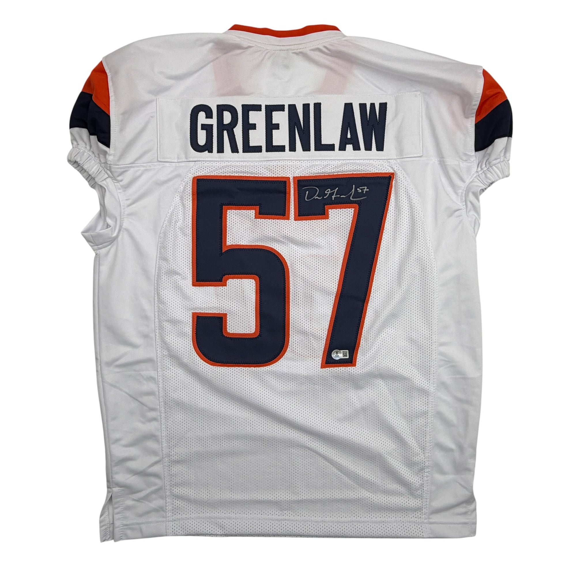 Autographed/Signed Dre Greenlaw Denver White Pro Cut Football Jersey Beckett BAS COA