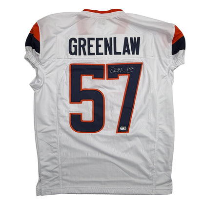 Autographed/Signed Dre Greenlaw Denver White Pro Cut Football Jersey Beckett BAS COA