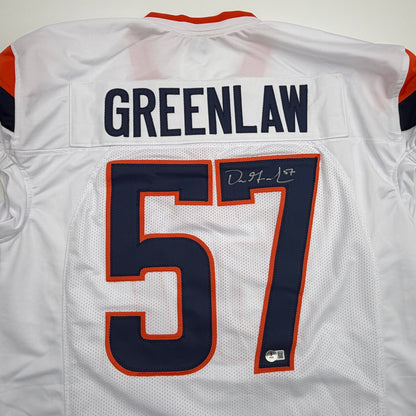 Autographed/Signed Dre Greenlaw Denver White Pro Cut Football Jersey Beckett BAS COA