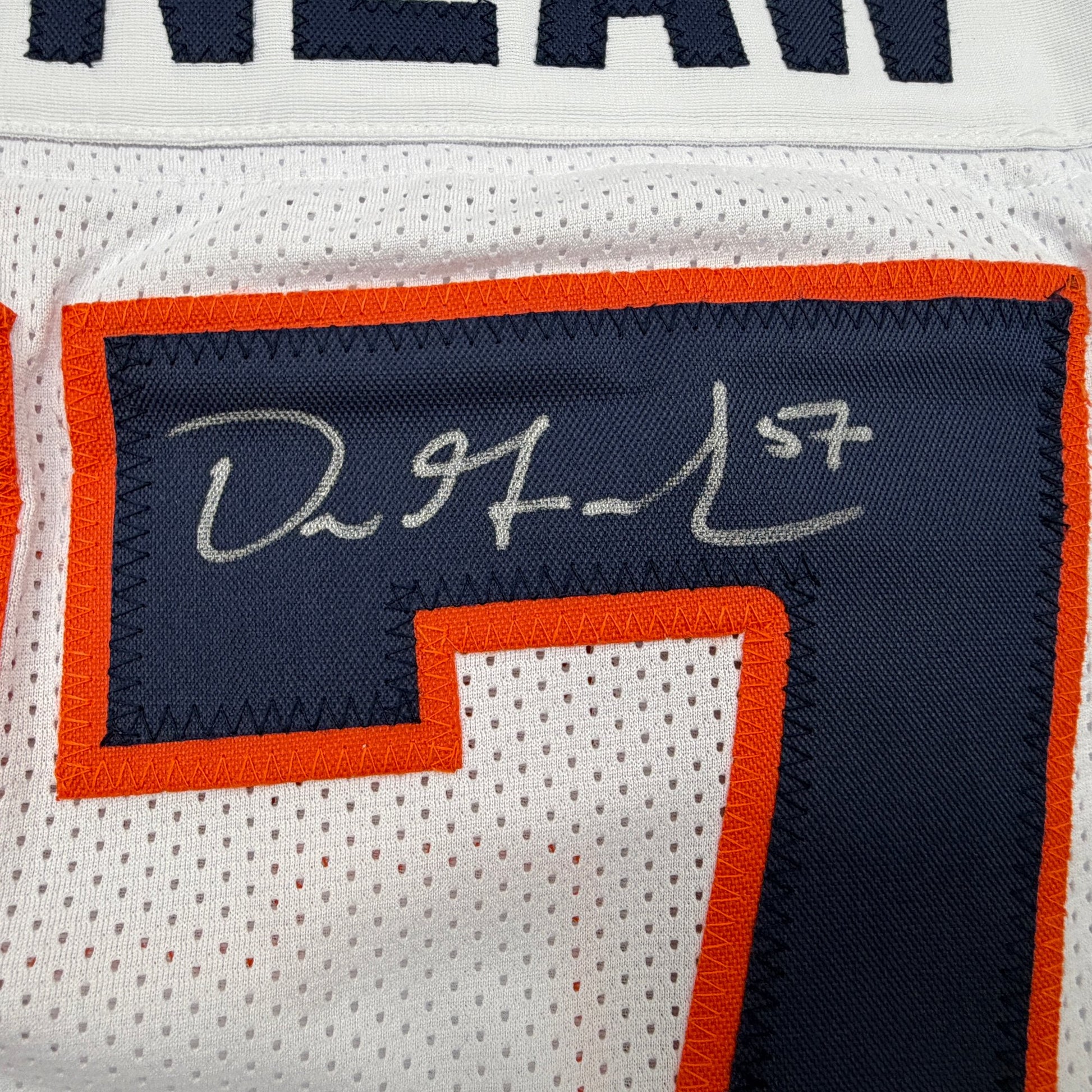 Autographed/Signed Dre Greenlaw Denver White Pro Cut Football Jersey Beckett BAS COA