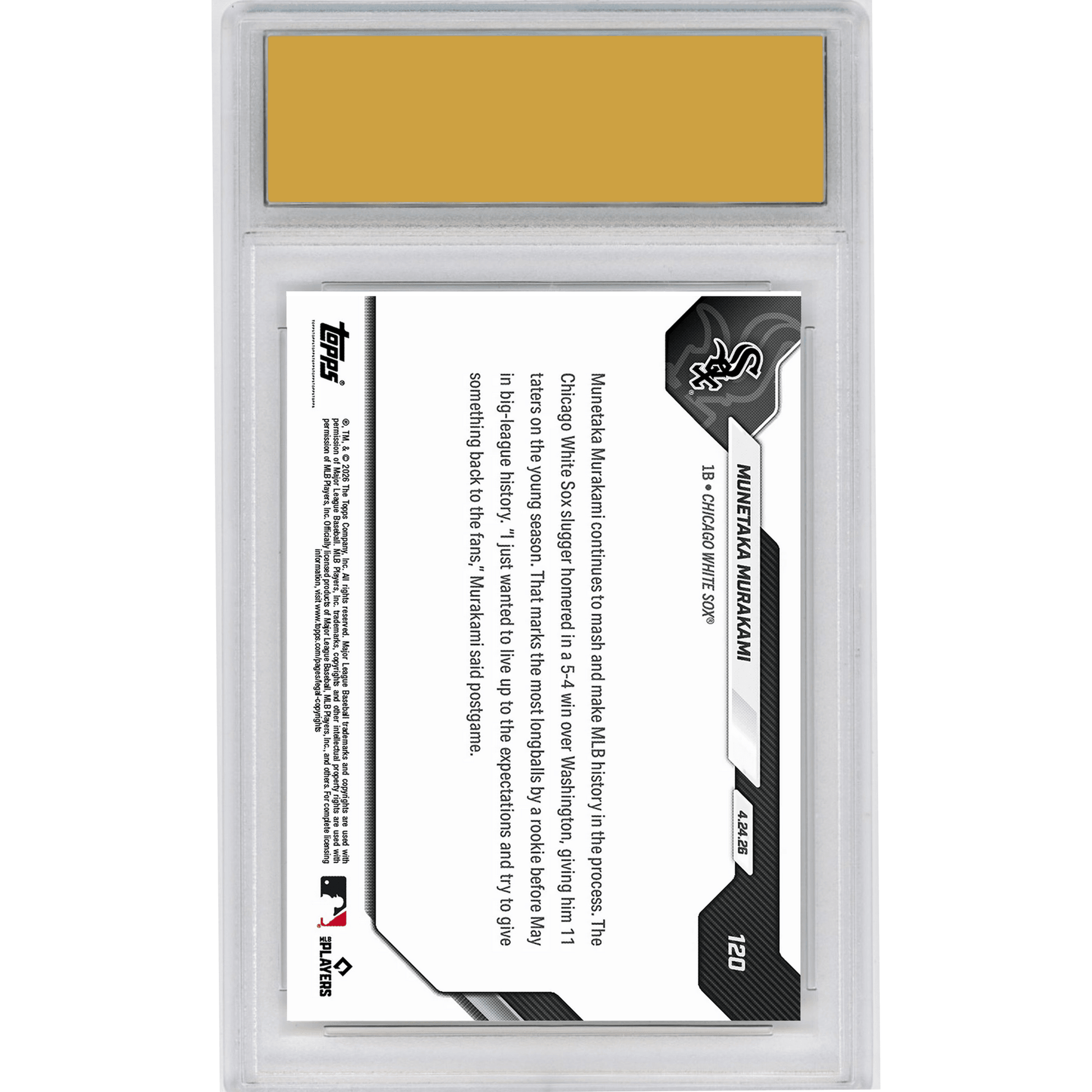 Graded 2026 Topps Now Munetaka Murakami #120 11 Home Runs Are Most By Rookie Before May in MLB Lore Chicago White Sox Rookie RC Baseball Card HOFSM 10 Gem Mint