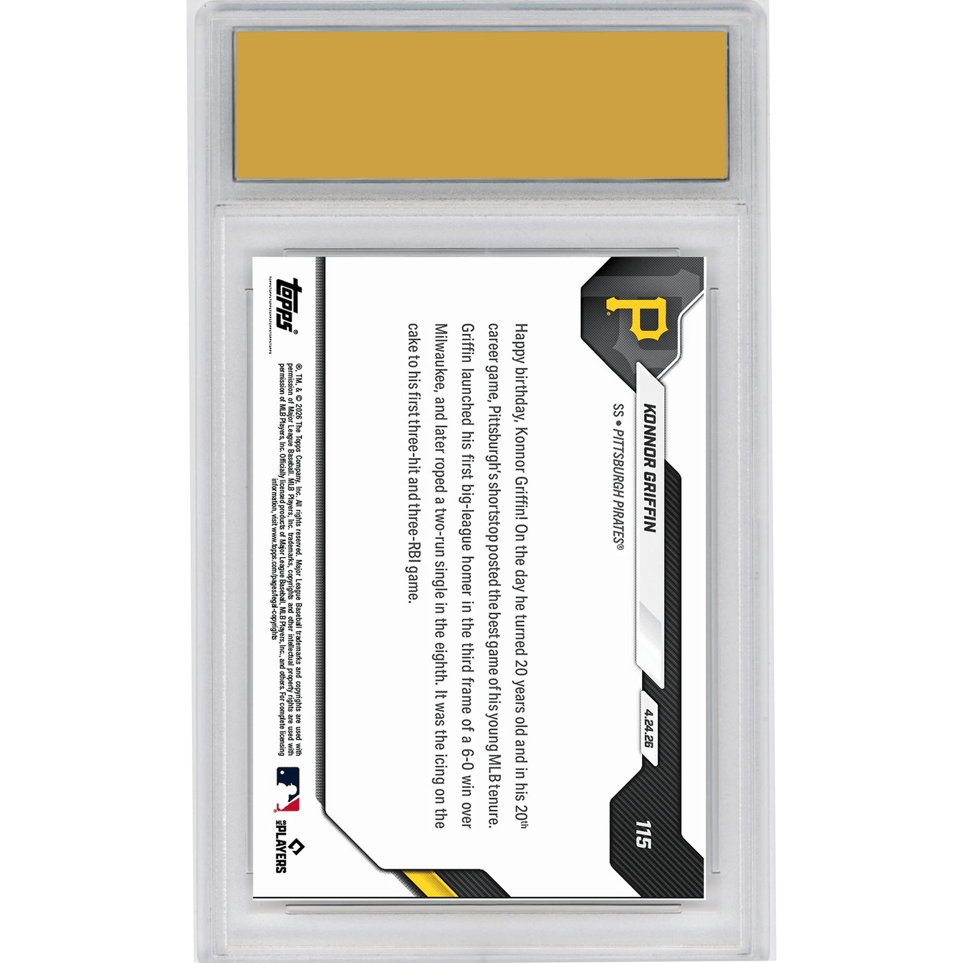 Graded 2026 Topps Now Konnor Griffin #115 Birthday Bash! Clubs 1st MLB Home Run on 20th Birthday Pittsburgh Pirates Rookie RC Baseball Card HOFSM 10 Gem Mint