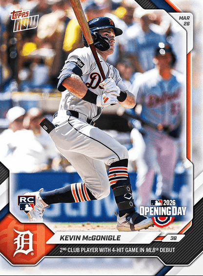 2026 Topps Now Kevin McGonigle #7 2nd Club Player with 4 Hit Game in MLB Debut Detroit Tigers Rookie RC Baseball Card